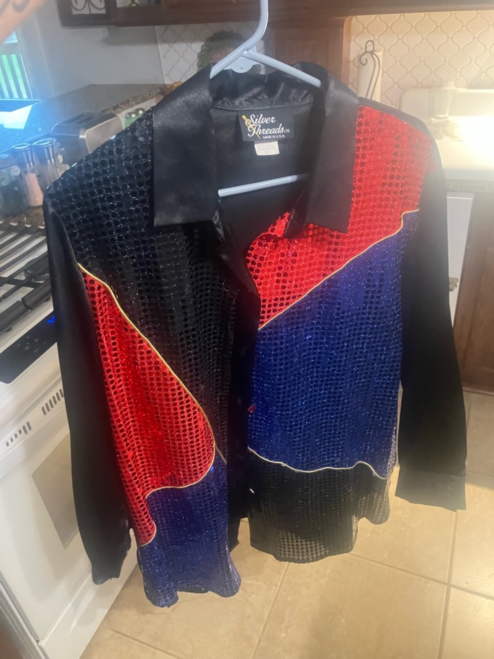 Sequin Colorblock Button-Up Blouse - Black, Red & Blue: 1X, 14W - 16W